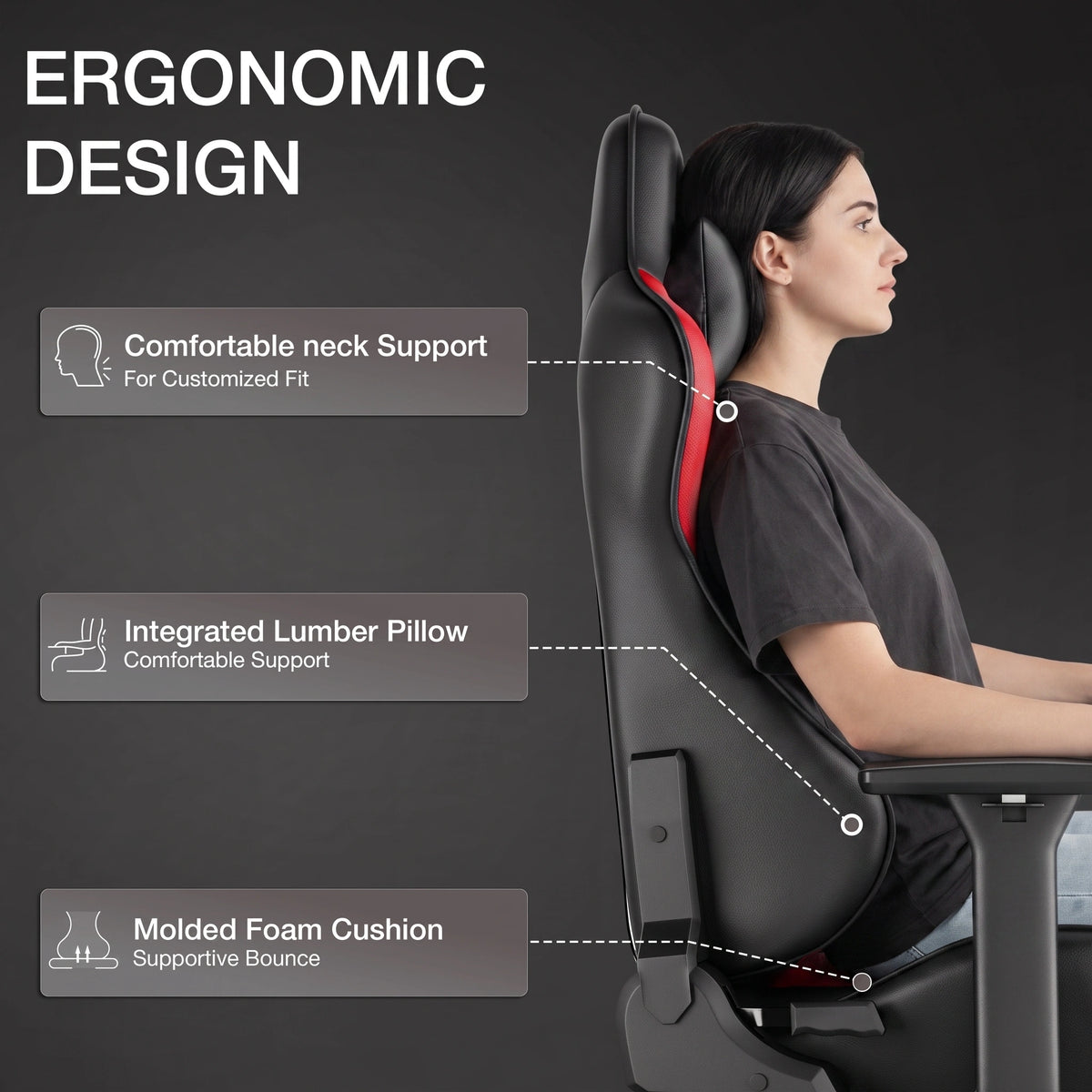 [Black + Red] A woman seated in a black and red ergonomic gaming chair shown in profile against a dark gray background.