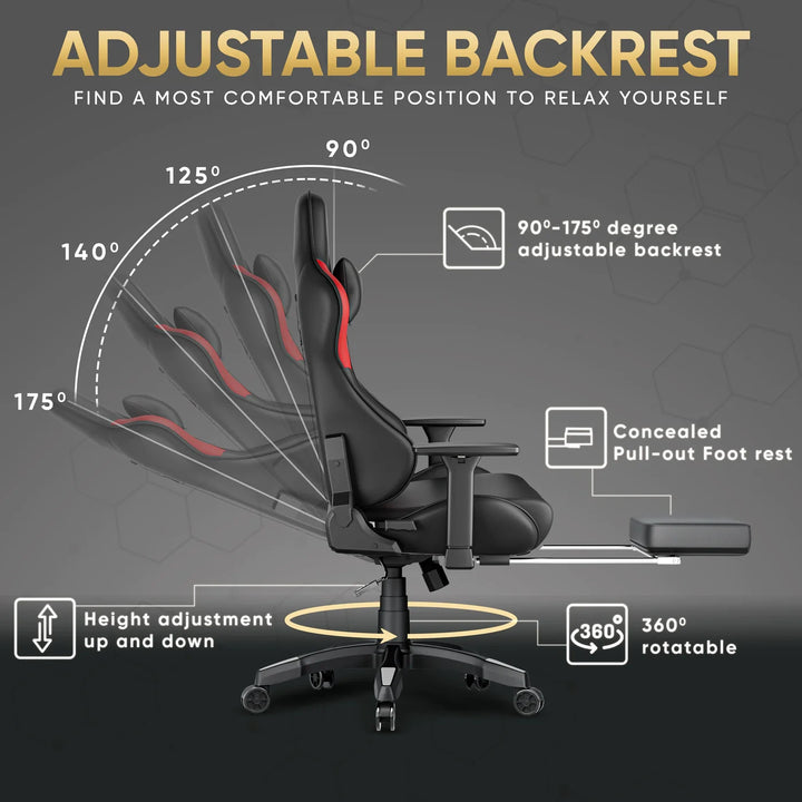 [Black + Red] An infographic showing a gaming chair with callouts for adjustable backrest angles from 90° to 175°, height adjustment up and down, etc.