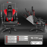 [Black + Red] gaming chair with dimension callouts showing H: 129 to 135cm, W: 59cm, and D: 42cm