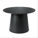 [Black] 120cm round pedestal dining table with tapered slatted pedestal base in a studio shot