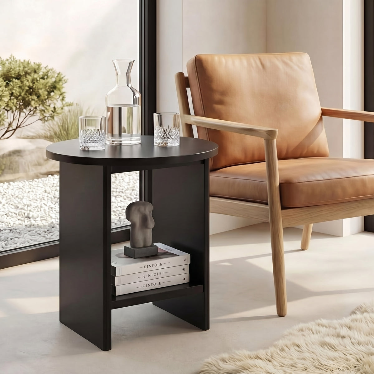 [Black] Small Round Side Table with Shelf Living Room beside tan leather armchair with glass carafe on top and sculptural object with books on lower shelf