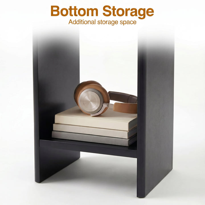 [Black] shelf with books and a pair of headphones, labeled 'Bottom Storage Additional storage space'.