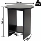[Black] Small Round Side Table with Shelf Living Room dimensions diagram showing 45cm diameter top, 50cm height, 28cm depth and 30kg weight capacity