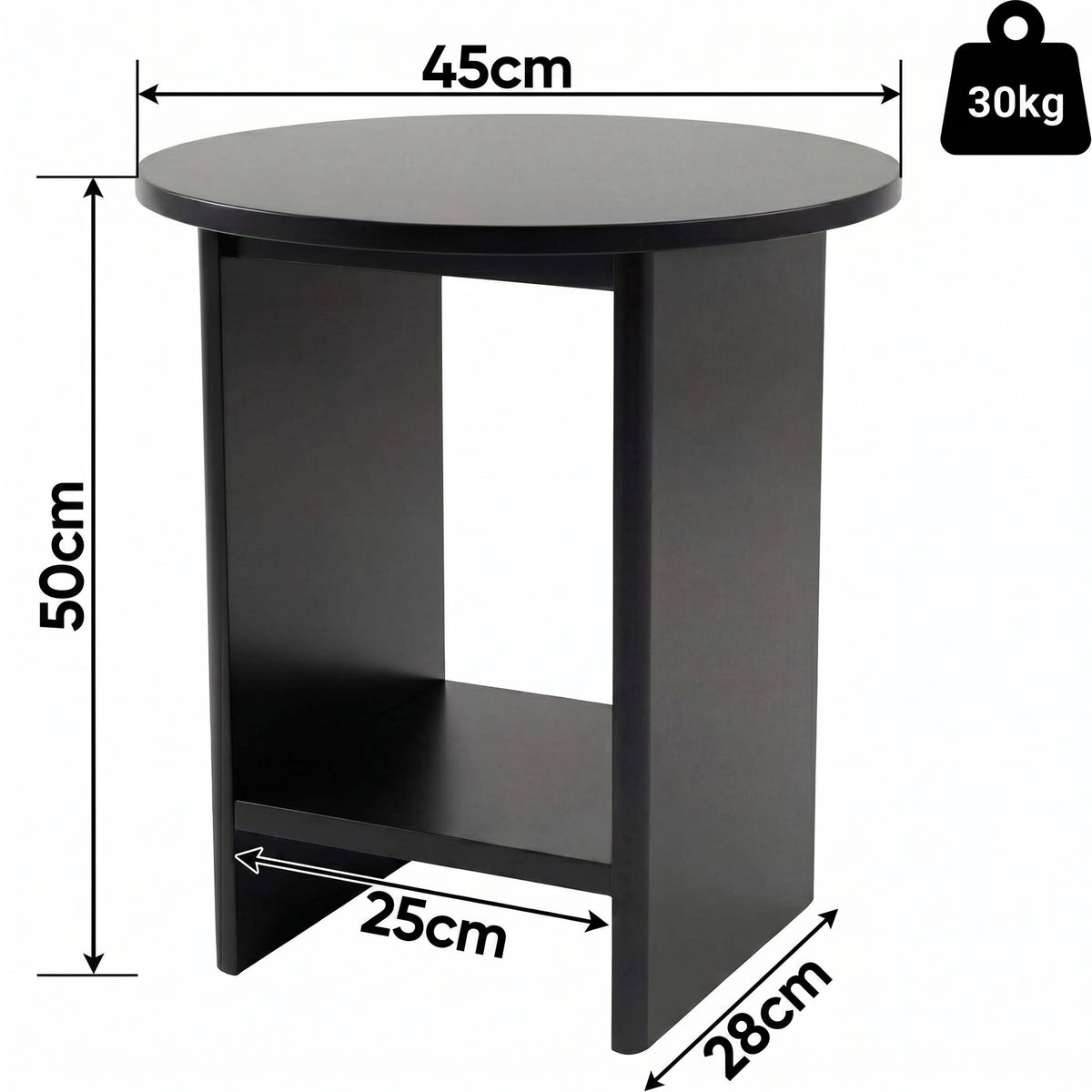 [Black] Small Round Side Table with Shelf Living Room dimensions diagram showing 45cm diameter top, 50cm height, 28cm depth and 30kg weight capacity