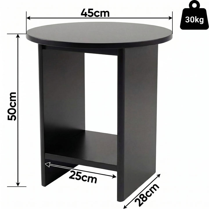 [Black] Small Round Side Table with Shelf Living Room dimensions diagram showing 45cm diameter top, 50cm height, 28cm depth and 30kg weight capacity