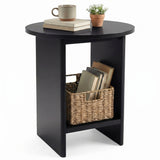 [Black] Small Round Side Table with Shelf Living Room product shot on white background with mug and plant on top and wicker basket with books on lower shelf