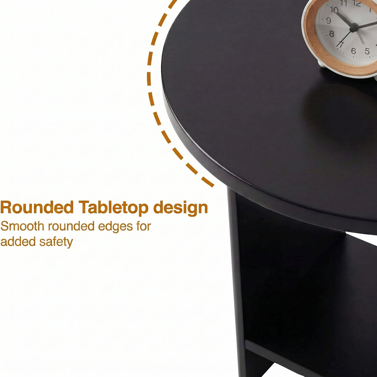 [Black] Small Round Side Table with Shelf Living Room detail infographic highlighting the smooth rounded tabletop edge profile with safety callout graphic