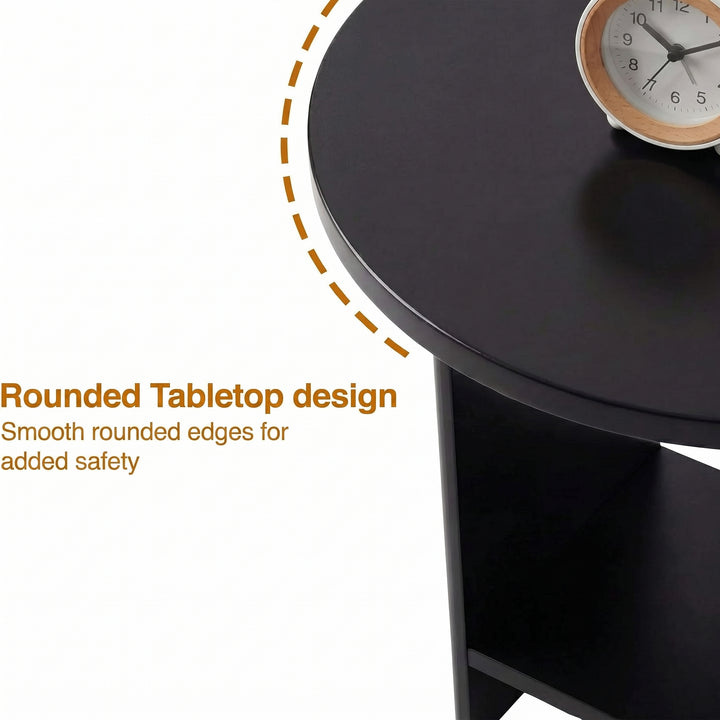 [Black] Small Round Side Table with Shelf Living Room detail infographic highlighting the smooth rounded tabletop edge profile with safety callout graphic