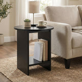 [Black] Small Round Side Table with Shelf Living Room beside cream sofa with lamp and succulent on top and upright books stored on lower shelf