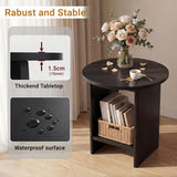[Black] Small Round Side Table with Shelf Living Room infographic highlighting 15mm thickened tabletop construction and waterproof wipe-clean surface finish