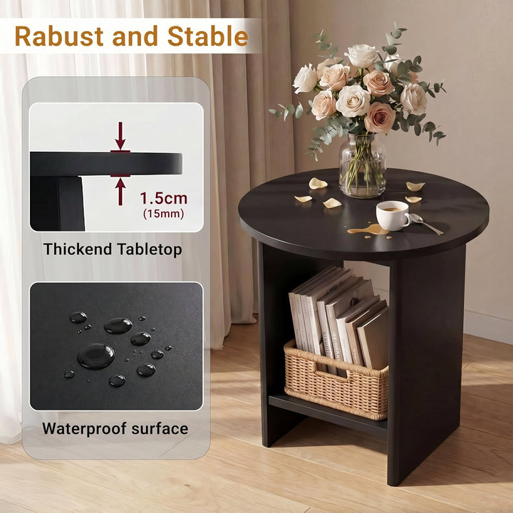[Black] Small Round Side Table with Shelf Living Room infographic highlighting 15mm thickened tabletop construction and waterproof wipe-clean surface finish