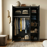 [Black] Interior Blythe wardrobe with coats on rail, folded clothes on shelves and shoes below