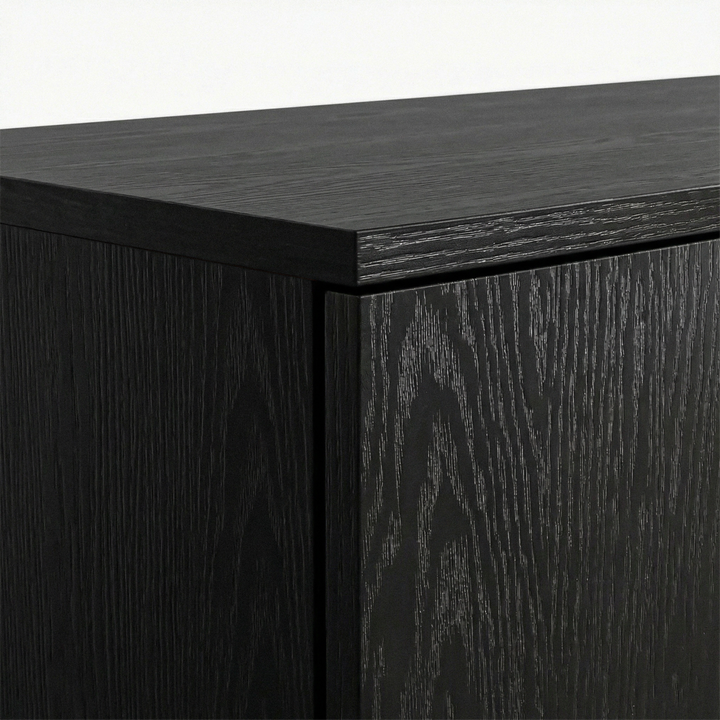[Black] Close view Blythe wardrobe upper corner with dark wood grain and clean edge line
