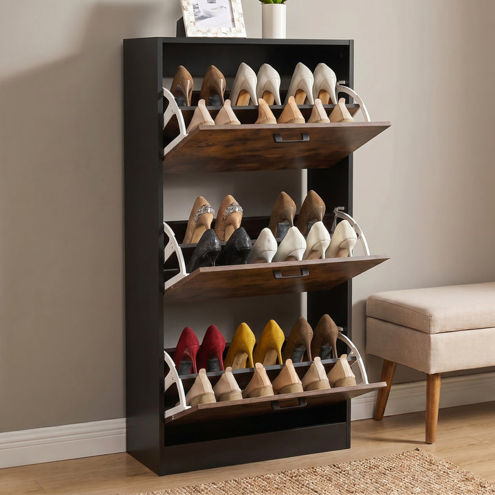 [Black & Rustic] 3 Drawer Slim Shoe Cabinet For Hallway with all three compartments open showing three tiers of heels