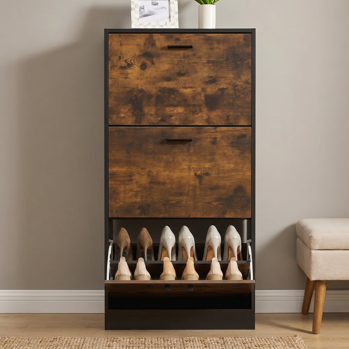[Black & Rustic] 3 Drawer Slim Shoe Cabinet For Hallway front view, two closed doors and bottom flip compartment open