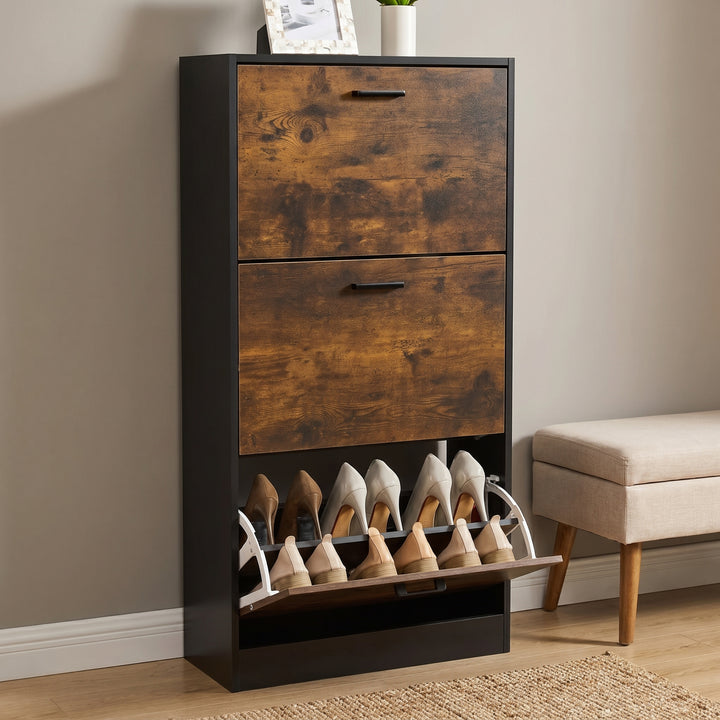 [Black & Rustic] 3 Drawer Slim Shoe Cabinet For Hallway with two closed doors and one flip compartment showing heels