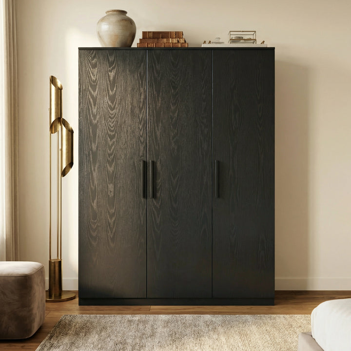 [Black] Blythe wardrobe front elevation with three closed doors and centred black wooden handles