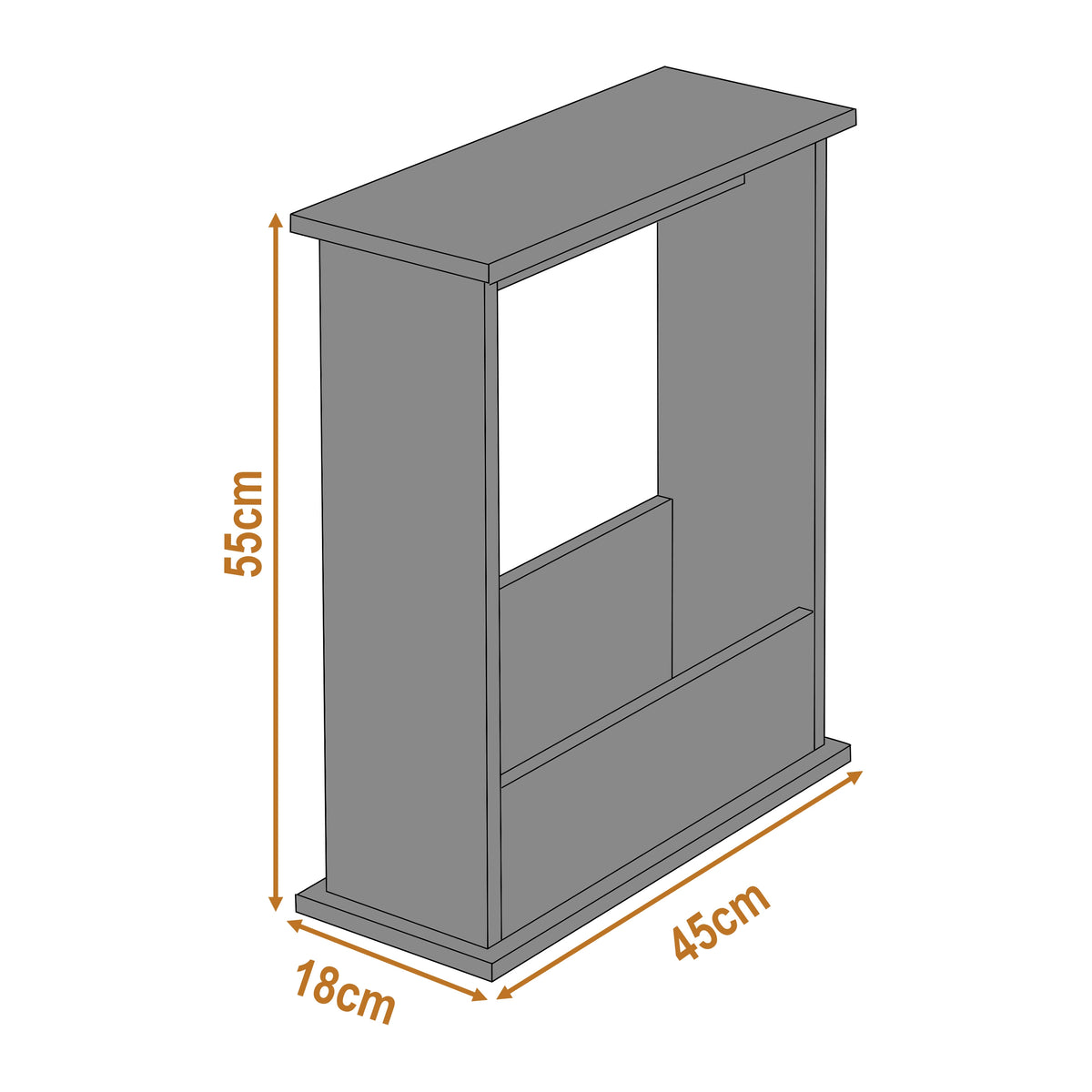 [Black] wooden side table with dimensions labeled on a white background