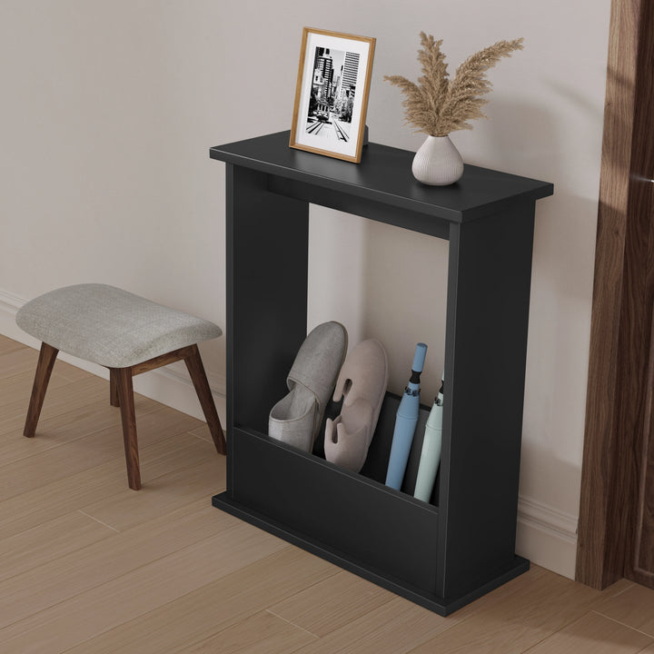 [Black] black side table by wall with shoes and umbrella tucked in lower storage compartment