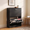 [Black] 2 Drawer Slim Shoe Storage Cabinet for Hallway shown from a side angle with its bottom compartment pulled open.