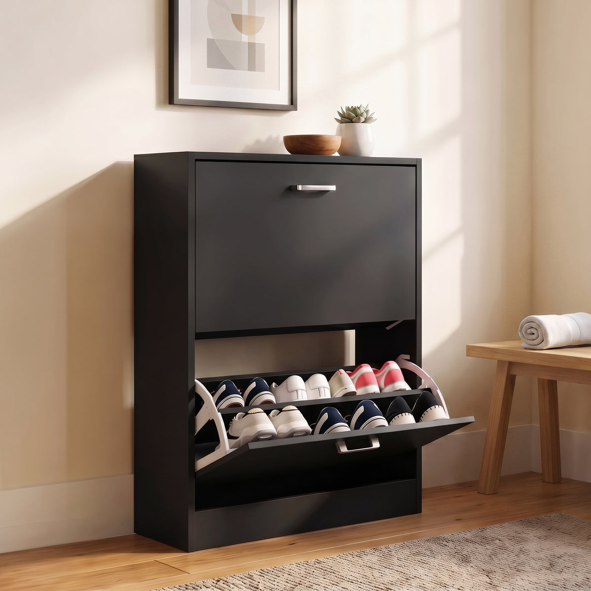 [Black] 2 Drawer Slim Shoe Storage Cabinet for Hallway shown from a side angle with its bottom compartment pulled open.