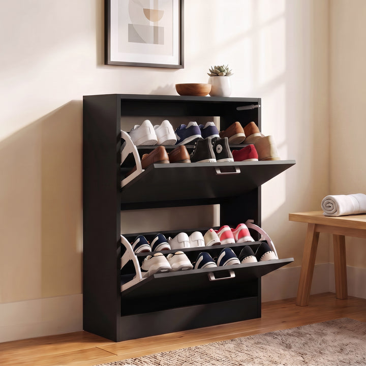 [Black] 2 Drawer Slim Shoe Storage Cabinet for Hallway with both storage drawers tilted fully open.