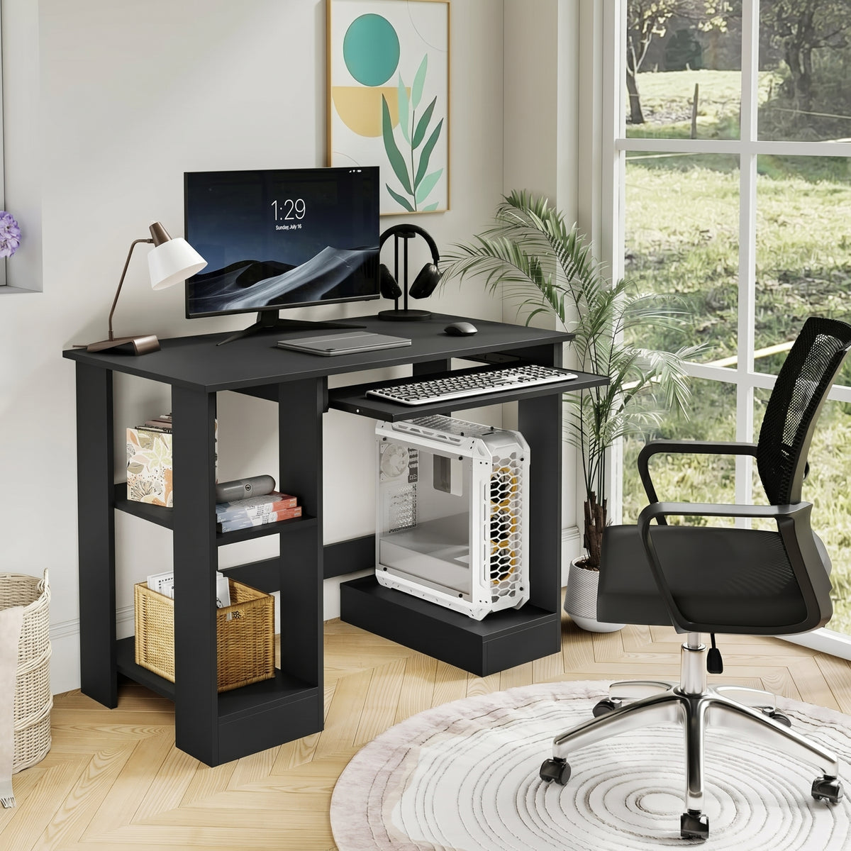 [Black] Small Computer Desk with Storage setup next to a large window with a mesh office chair and white computer case.