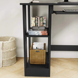 [Black] Black computer desk left storage cubes, two open shelves with books, magazines and rattan basket on floor