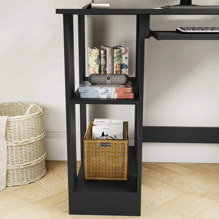[Black] Black computer desk left storage cubes, two open shelves with books, magazines and rattan basket on floor
