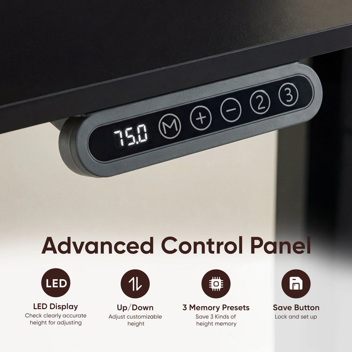 [140cm x 60cm] LED control panel under 140cm black standing desk reading 75.0cm with up, down, M and presets 1-2-3