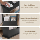[Black] book/magazine rack with text highlighting features like easy cleaning, smart storage, and sturdy frame.