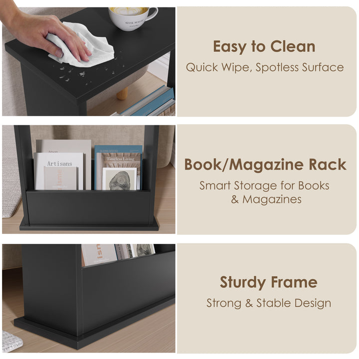 [Black] book/magazine rack with text highlighting features like easy cleaning, smart storage, and sturdy frame.