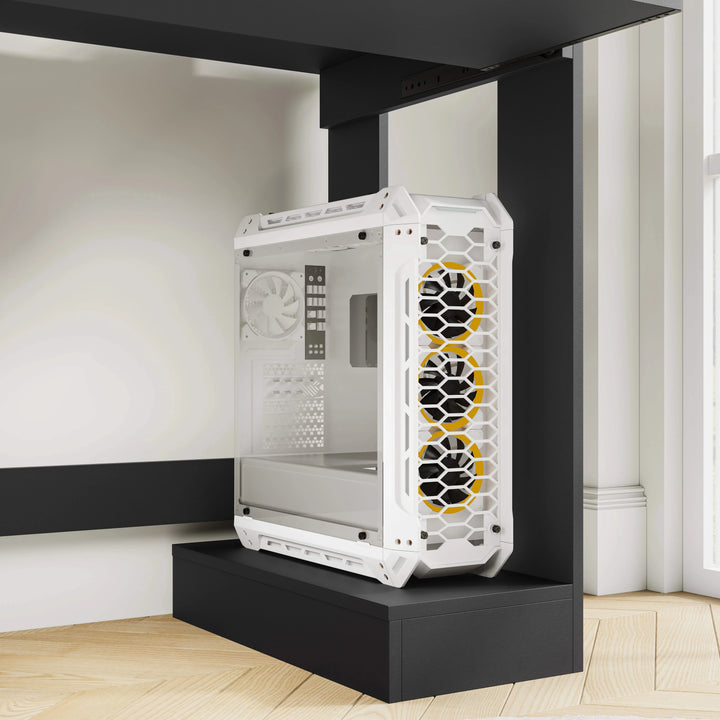 [Black] Black computer desk lower right shelf holding a white tempered-glass PC tower with three yellow fans