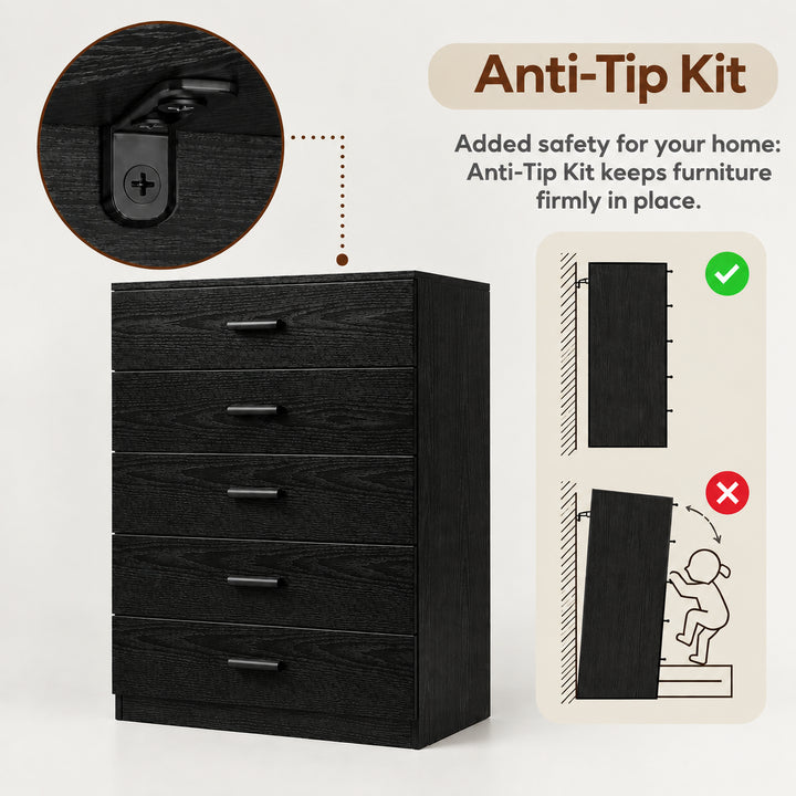 [Black] Feature graphic demonstrating the wall-mounting Anti-Tip Kit for the Black 5 Drawer Chest.