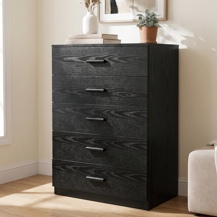 [Black] Angled view of the Black Tall 5 Drawer Chest of Drawers with wood grain finish.