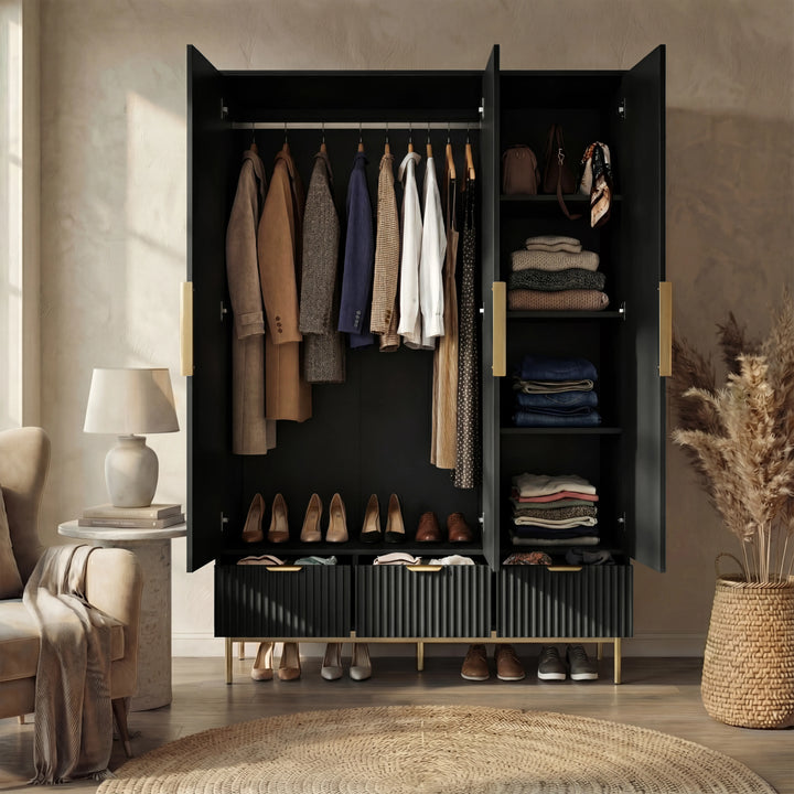 [Black] Open wardrobe Flutrina bedroom furniture set showing hanging rail, shoes and folded clothing on shelves