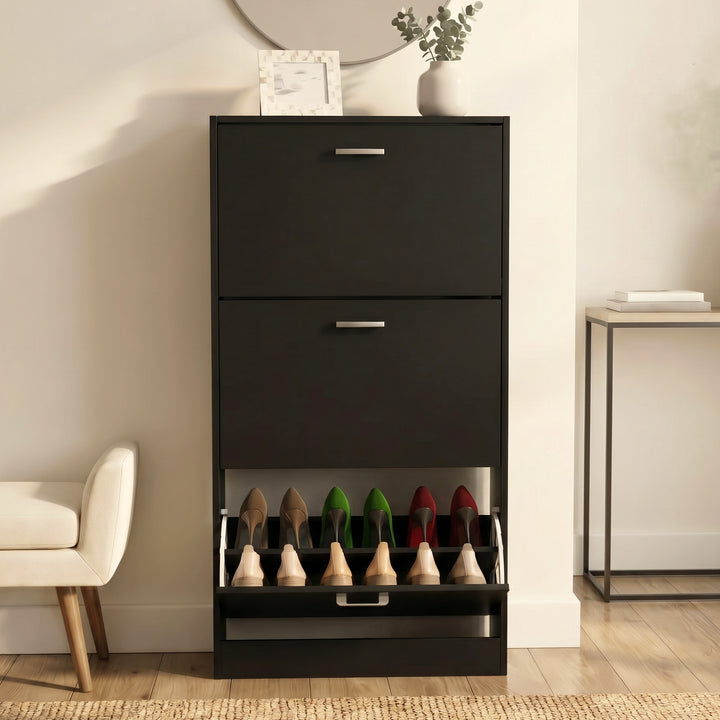 [Black] 3 Drawer Slim Shoe Cabinet For Hallway straight-on view with the bottom compartment tilted open.