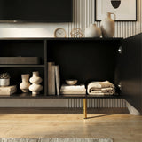 [Black] Black 180cm TV unit with both side fluted doors open showing books, white ceramic vases, and folded fabric inside.
