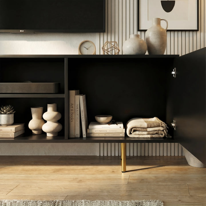 [Black] Black 180cm TV unit with both side fluted doors open showing books, white ceramic vases, and folded fabric inside.