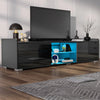 [Black] Black gloss TV unit with two side cabinets and blue LED central shelves, TV and lamp on top