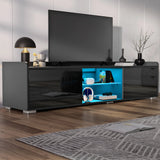 [Black] Black gloss TV unit with two side cabinets and blue LED central shelves, TV and lamp on top