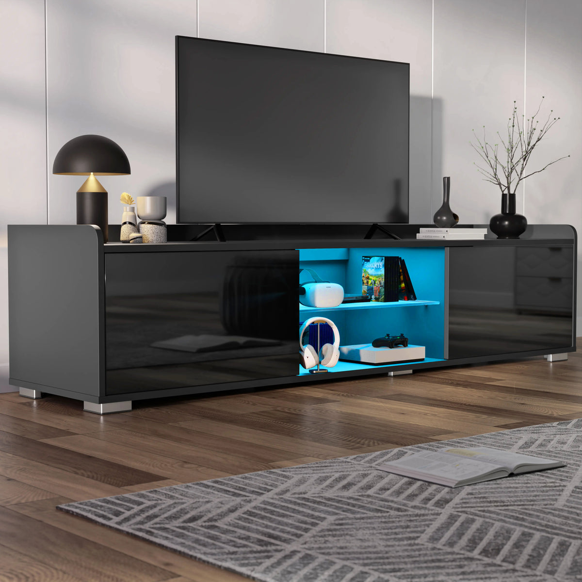 [Black] Black gloss TV unit with two side cabinets and blue LED central shelves, TV and lamp on top