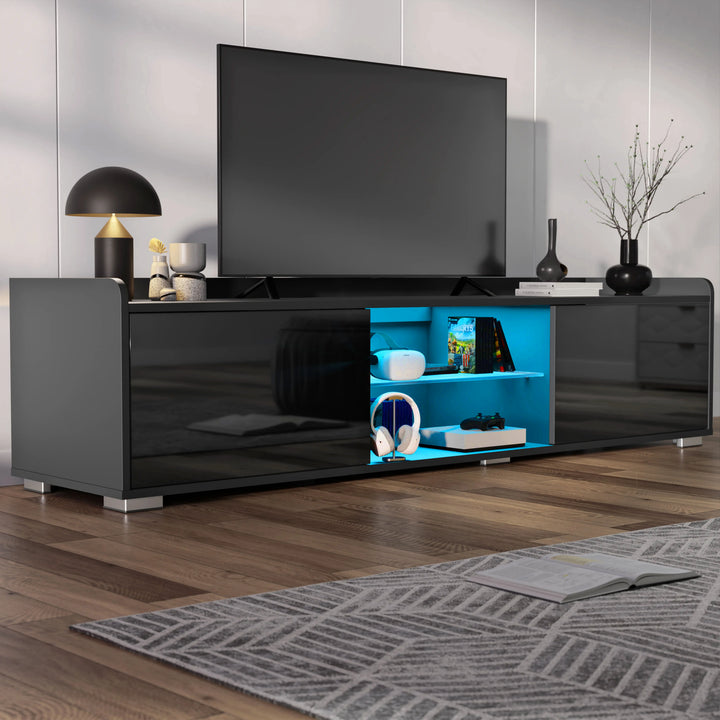 [Black] Black gloss TV unit with two side cabinets and blue LED central shelves, TV and lamp on top