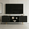 [Black] Black 180cm TV unit with vertical fluted side doors and central open shelf, large TV mounted above on light wall.