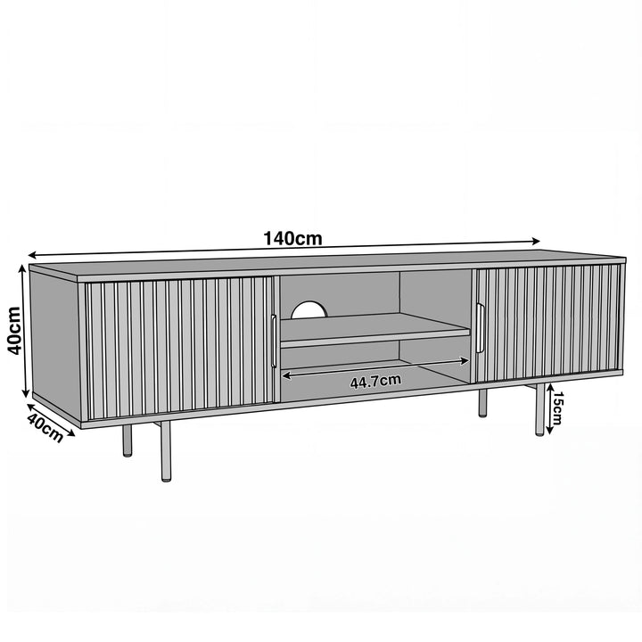 [Black]   Black Flutrina TV unit dimensions diagram: 140cm wide, 40cm deep, 40cm body plus 15cm legs, centre opening 44.7cm