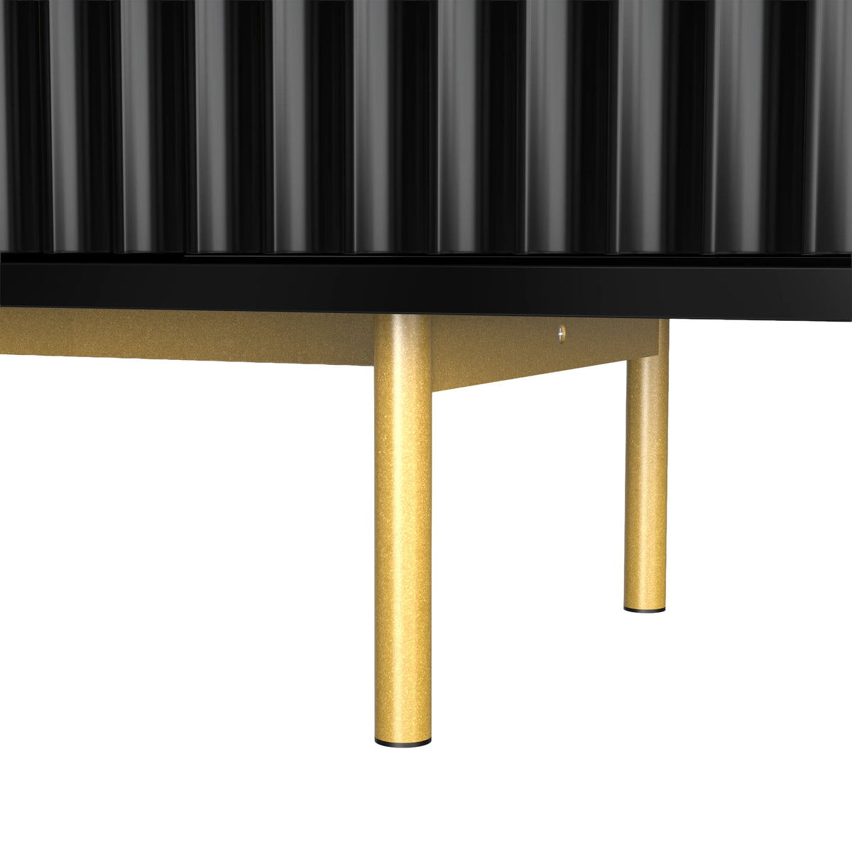 [Black]  Detail of black 140cm TV cabinet feet, gold-finished cylindrical metal legs beneath fluted door bottom