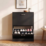[Black] 2 Drawer Slim Shoe Storage Cabinet for Hallway straight-on look with the bottom drawer tilted open.