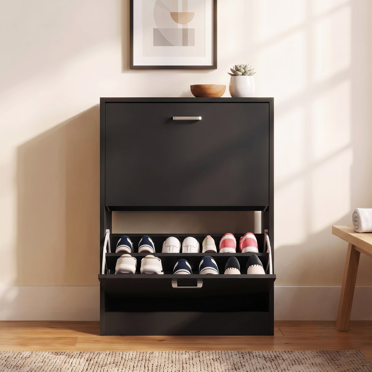 [Black] 2 Drawer Slim Shoe Storage Cabinet for Hallway straight-on look with the bottom drawer tilted open.
