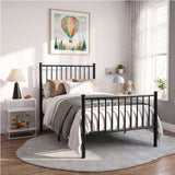 [Black | Single] Metal bed with white-grey bedding, bar ends and centre leg in a bright room with toys and wall art.