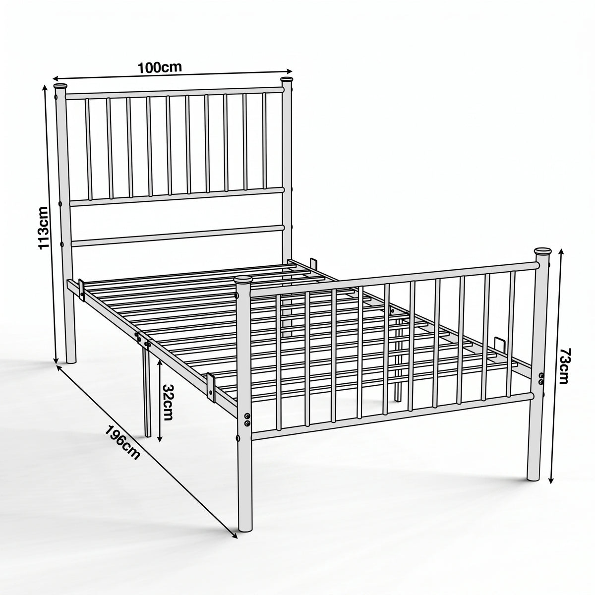 [Black | Single] Metal single bed size guide showing 100cm wide, 196cm long, 113cm headboard, 73cm footboard & 32cm clearance